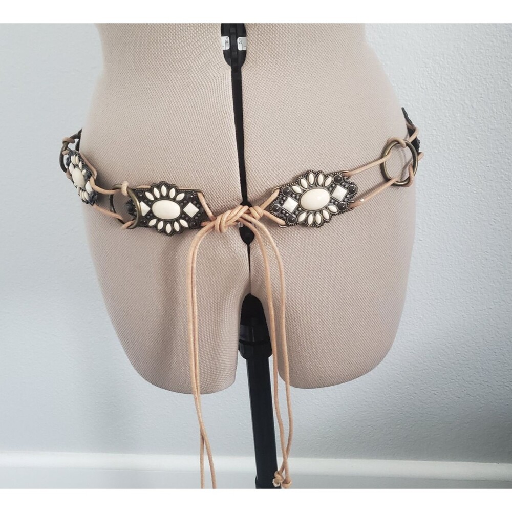 Western Concho Belt Brown Stone Metal Rings Tie Waist Boho Festival Accessory